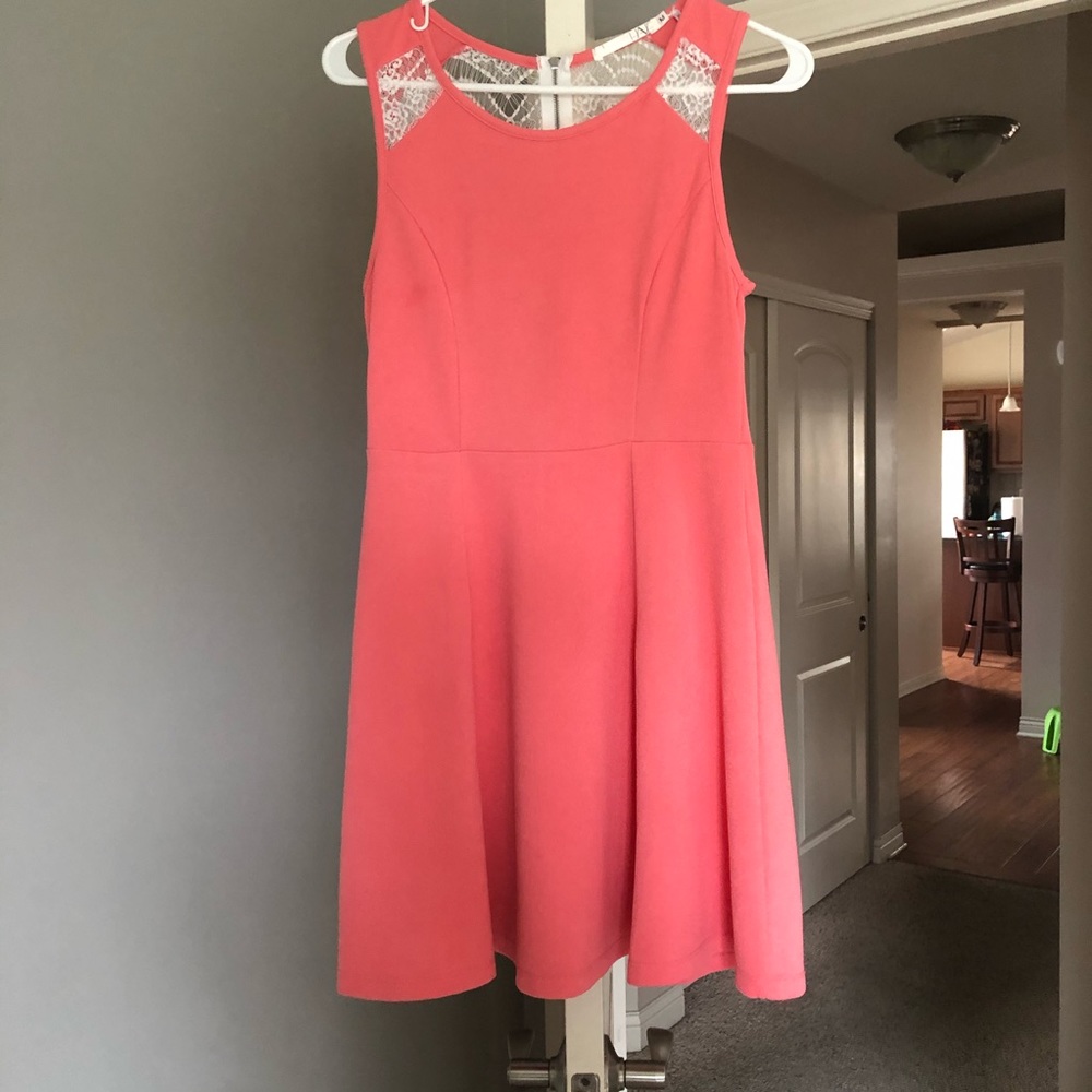Pink Fit & Flare dress with lace detail